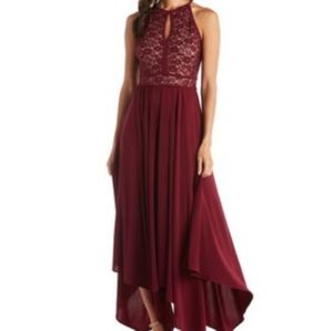 Merlot & Nude Metallic Knit Keyhole Halter Gown